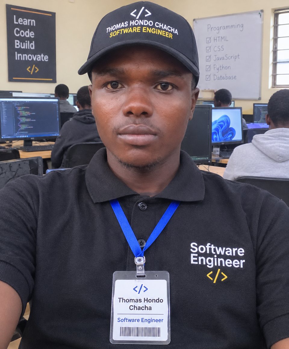 Portrait of Thomas Hondo Chacha in a computer lab, wearing a cap and badge that read Software Engineer.